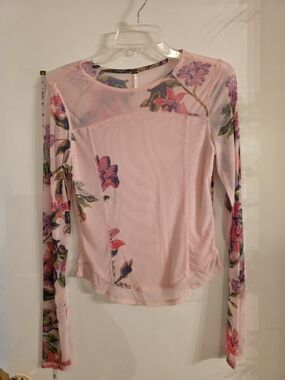 Free People Soft Pink Floral Mesh Long Sleeve Top